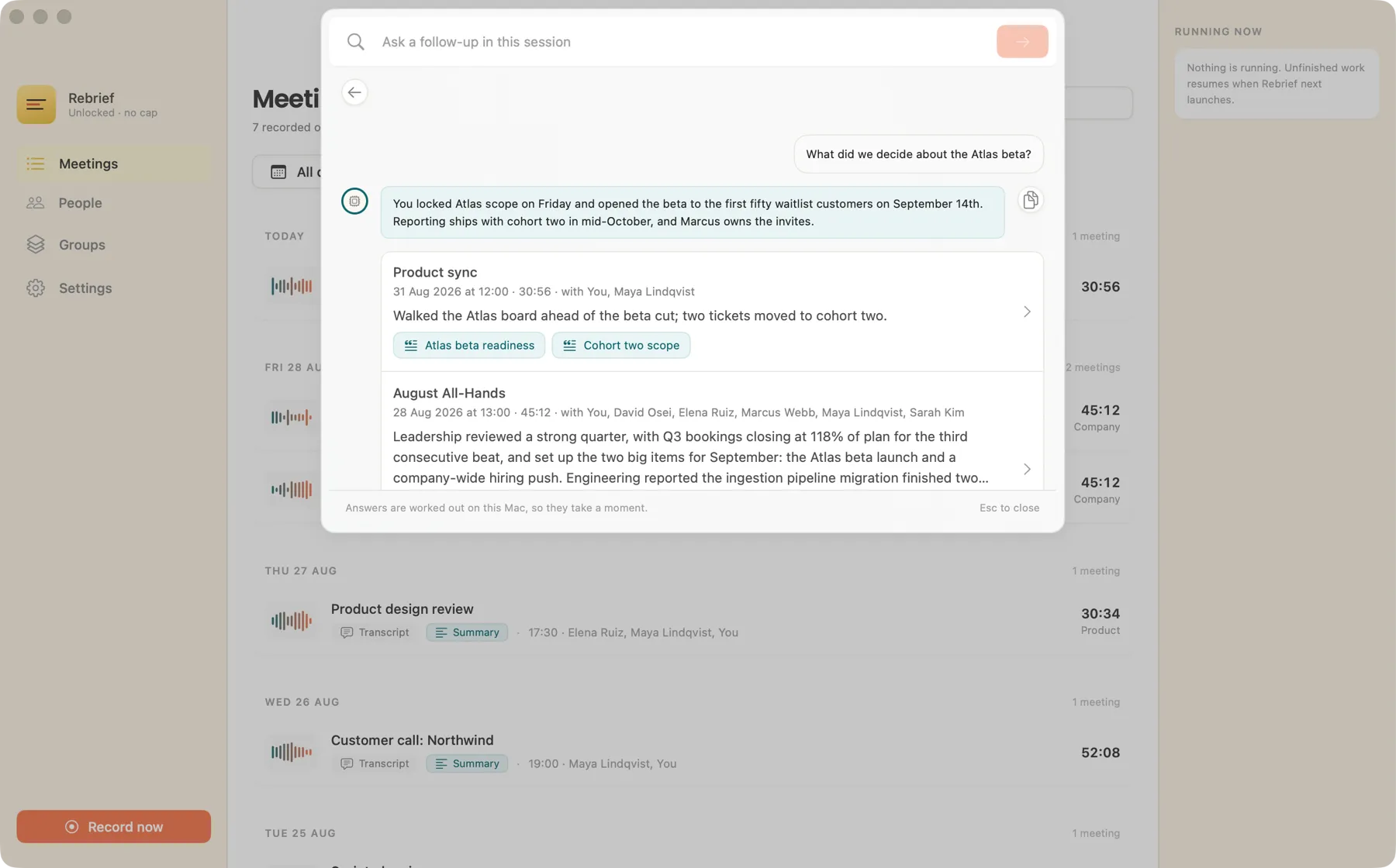 The Ask pane answering a question about the Atlas beta, with the two meetings the answer was written from listed underneath it.