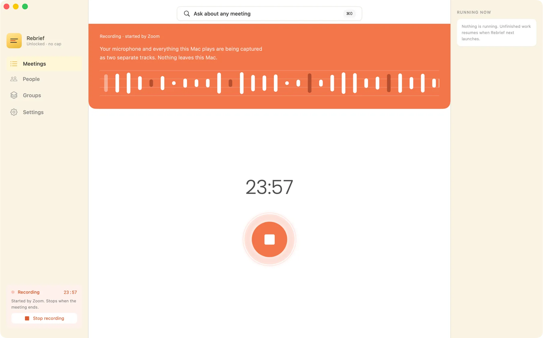 Rebrief recording a meeting started by Zoom, showing the elapsed time and the live waveform of both captured tracks.